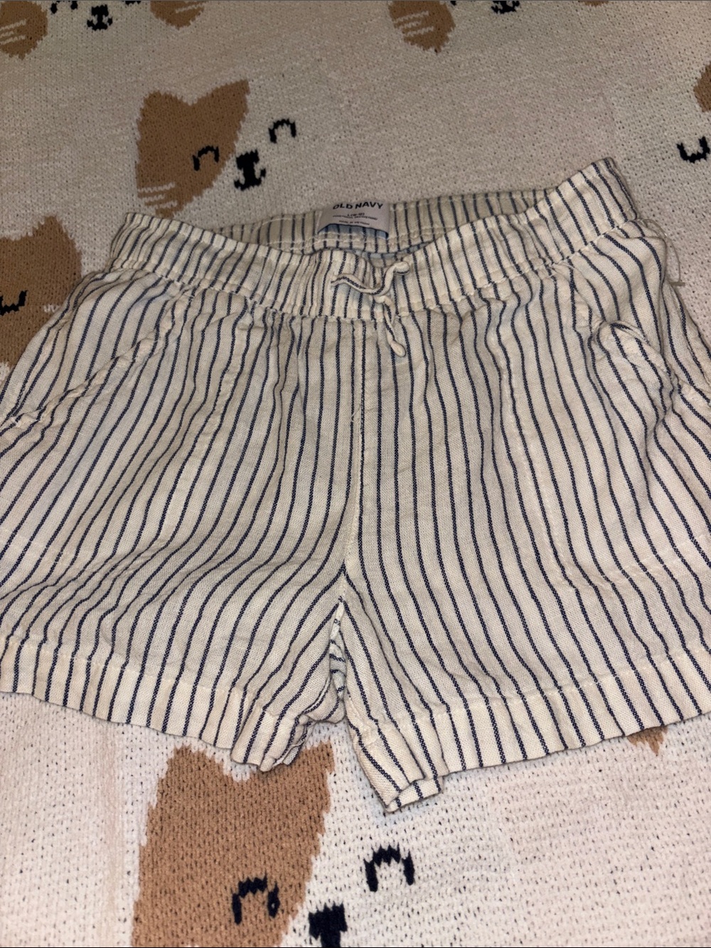 Old Navy Cream and Blue Striped High-Waist Drawstring Shorts